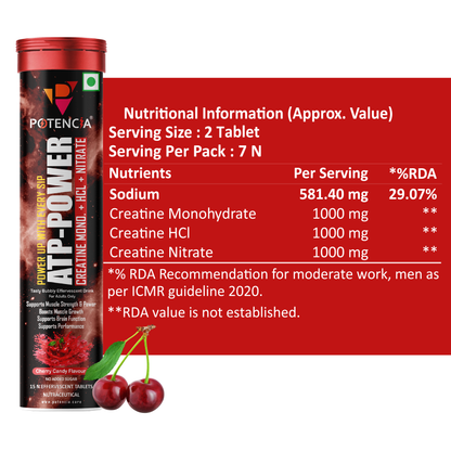 Potencia ATP Power Creatine Supplement | Creatine Monohydrate + HCL + Nitrate | Strength & Performance Support | Cherry Candy Flavour | Effervescent Tablets