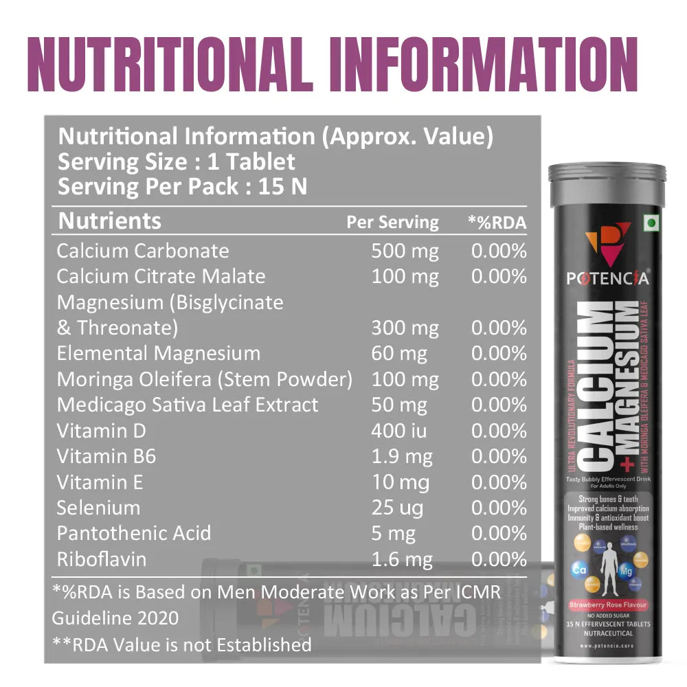 Potencia Calcium + Magnesium Effervescent Tablets | Dual Magnesium & Dual Calcium | With Moringa, Medicago & Sativa | 15 Tabs/Bottle