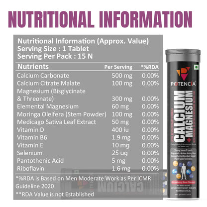 Potencia Calcium + Magnesium Effervescent Tablets | Dual Magnesium & Dual Calcium | With Moringa, Medicago & Sativa | 15 Tabs/Bottle