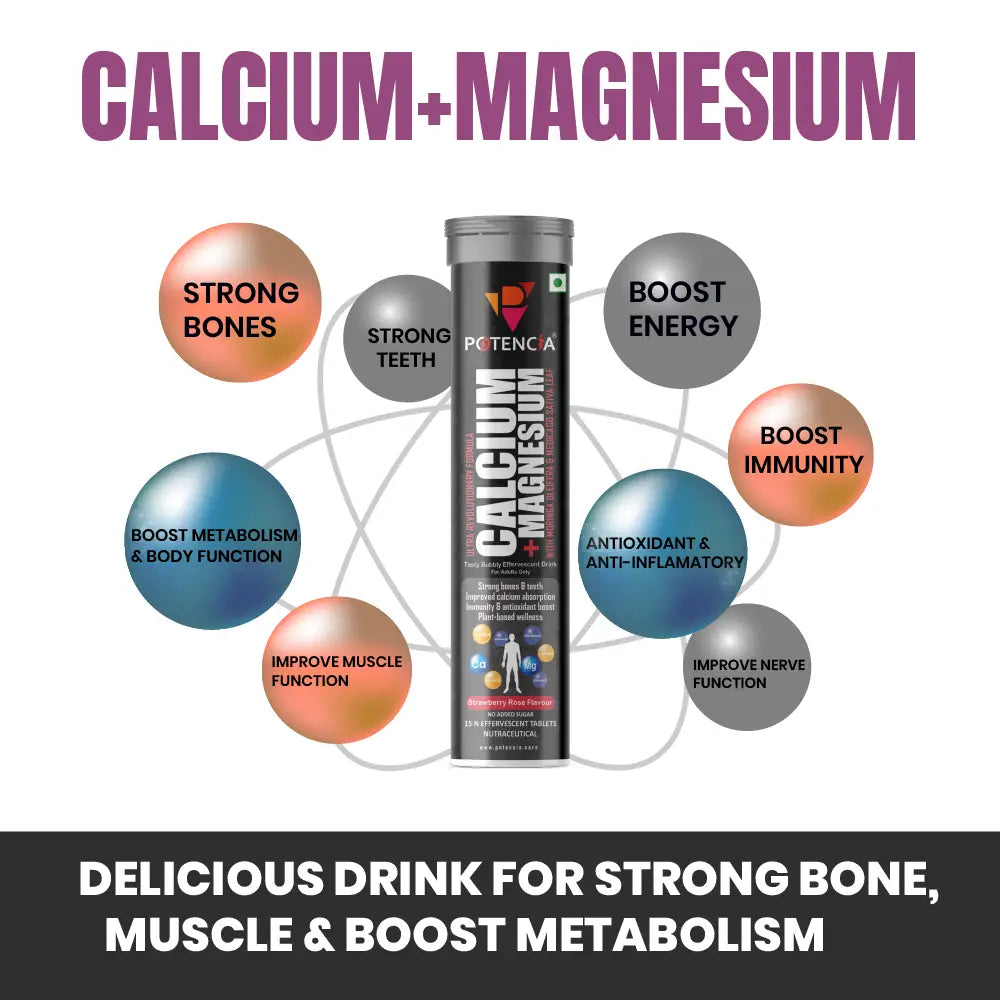 Potencia Calcium + Magnesium Effervescent Tablets | Dual Magnesium & Dual Calcium | With Moringa, Medicago & Sativa | 15 Tabs/Bottle