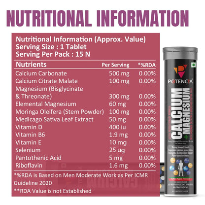 Potencia Calcium + Magnesium Effervescent Tablets | Dual Magnesium & Dual Calcium | With Moringa, Medicago & Sativa | 15 Tabs/Bottle