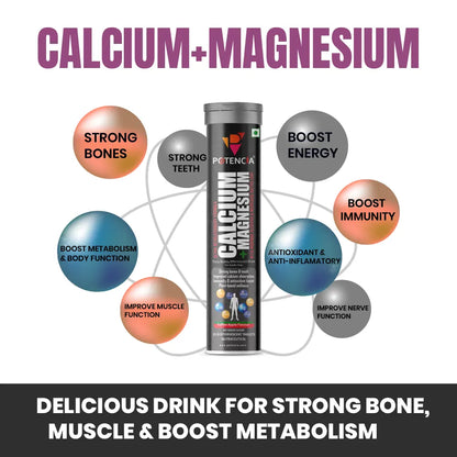 Potencia Calcium + Magnesium Effervescent Tablets | Dual Magnesium & Dual Calcium | With Moringa, Medicago & Sativa | 15 Tabs/Bottle
