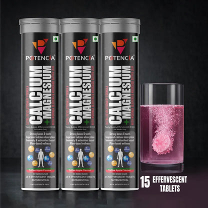 Potencia Calcium + Magnesium Effervescent Tablets | Dual Magnesium & Dual Calcium | With Moringa, Medicago & Sativa | 15 Tabs/Bottle