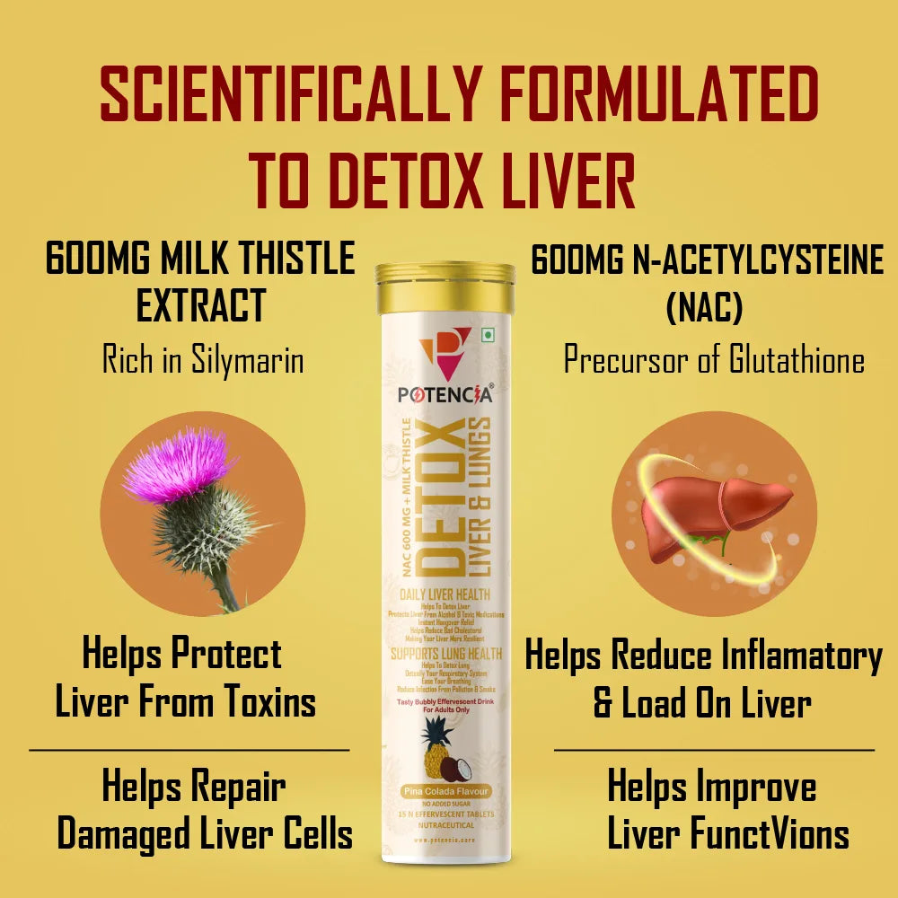 Potencia Liver & Lung Detox Effervescent Tablets | 10-in-1 Herbal Cleanse with Milk Thistle, NAC, Ginseng, Turmeric & Astaxanthin | Supports Liver Health, Lung Detox & Immunity | 15 Tabs/Bottle
