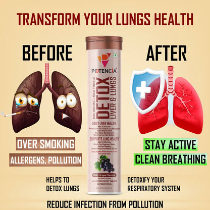 Potencia Liver & Lung Detox Effervescent Tablets | 10-in-1 Herbal Cleanse with Milk Thistle, NAC, Ginseng, Turmeric & Astaxanthin | Supports Liver Health, Lung Detox & Immunity | 15 Tabs/Bottle