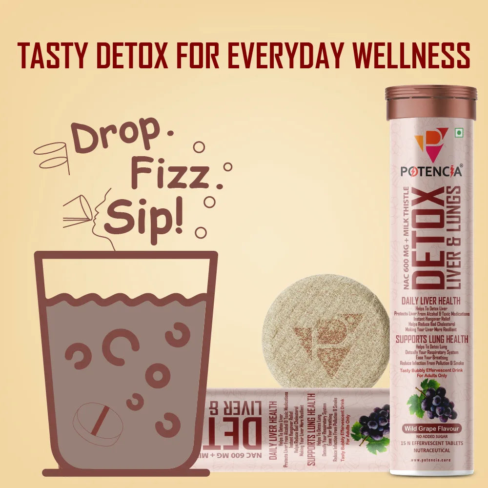 Potencia Liver & Lung Detox Effervescent Tablets | 10-in-1 Herbal Cleanse with Milk Thistle, NAC, Ginseng, Turmeric & Astaxanthin | Supports Liver Health, Lung Detox & Immunity | 15 Tabs/Bottle