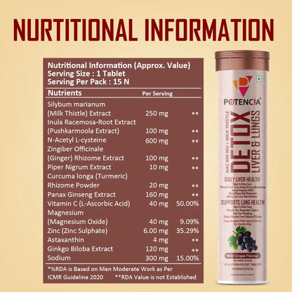 Potencia Liver & Lung Detox Effervescent Tablets | 10-in-1 Herbal Cleanse with Milk Thistle, NAC, Ginseng, Turmeric & Astaxanthin | Supports Liver Health, Lung Detox & Immunity | 15 Tabs/Bottle