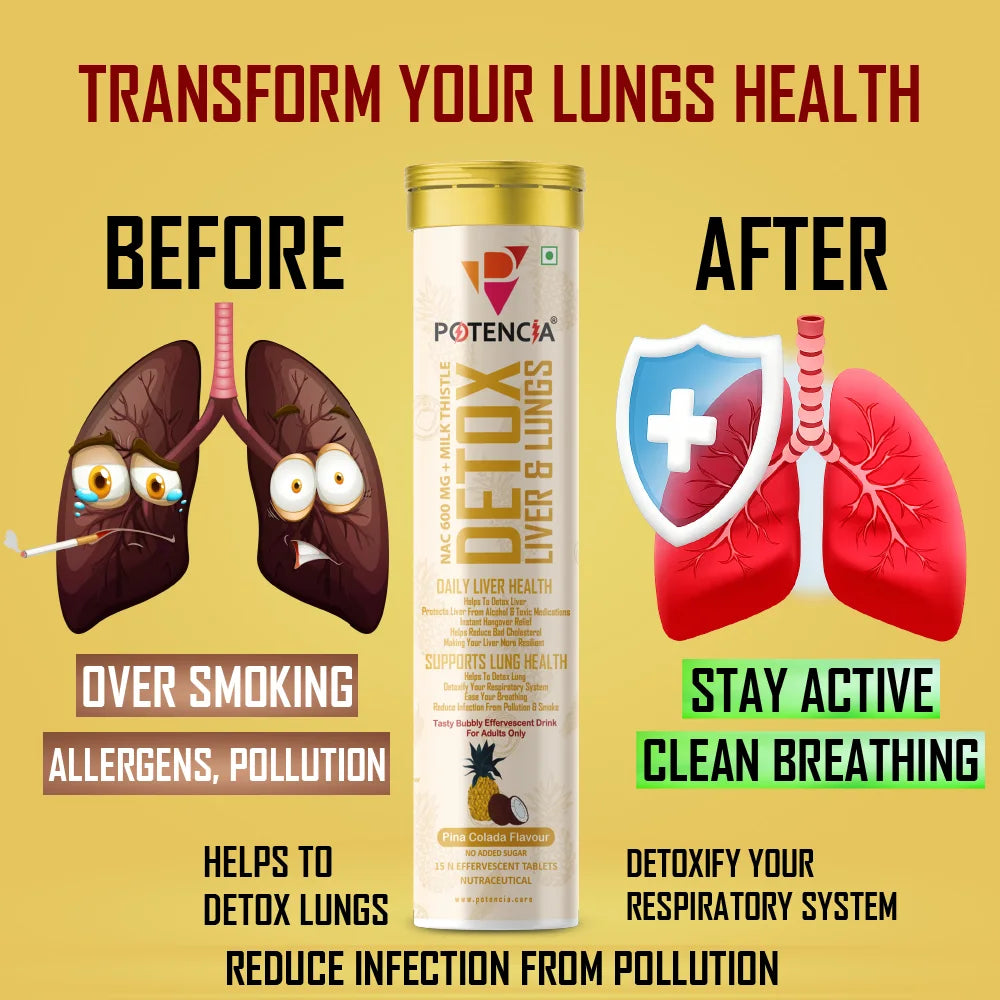 Potencia Liver & Lung Detox Effervescent Tablets | 10-in-1 Herbal Cleanse with Milk Thistle, NAC, Ginseng, Turmeric & Astaxanthin | Supports Liver Health, Lung Detox & Immunity | 15 Tabs/Bottle