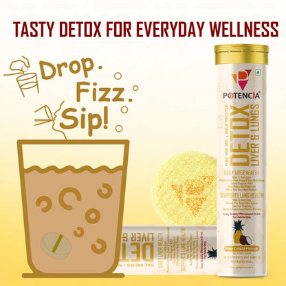 Potencia Liver & Lung Detox Effervescent Tablets | 10-in-1 Herbal Cleanse with Milk Thistle, NAC, Ginseng, Turmeric & Astaxanthin | Supports Liver Health, Lung Detox & Immunity | 15 Tabs/Bottle