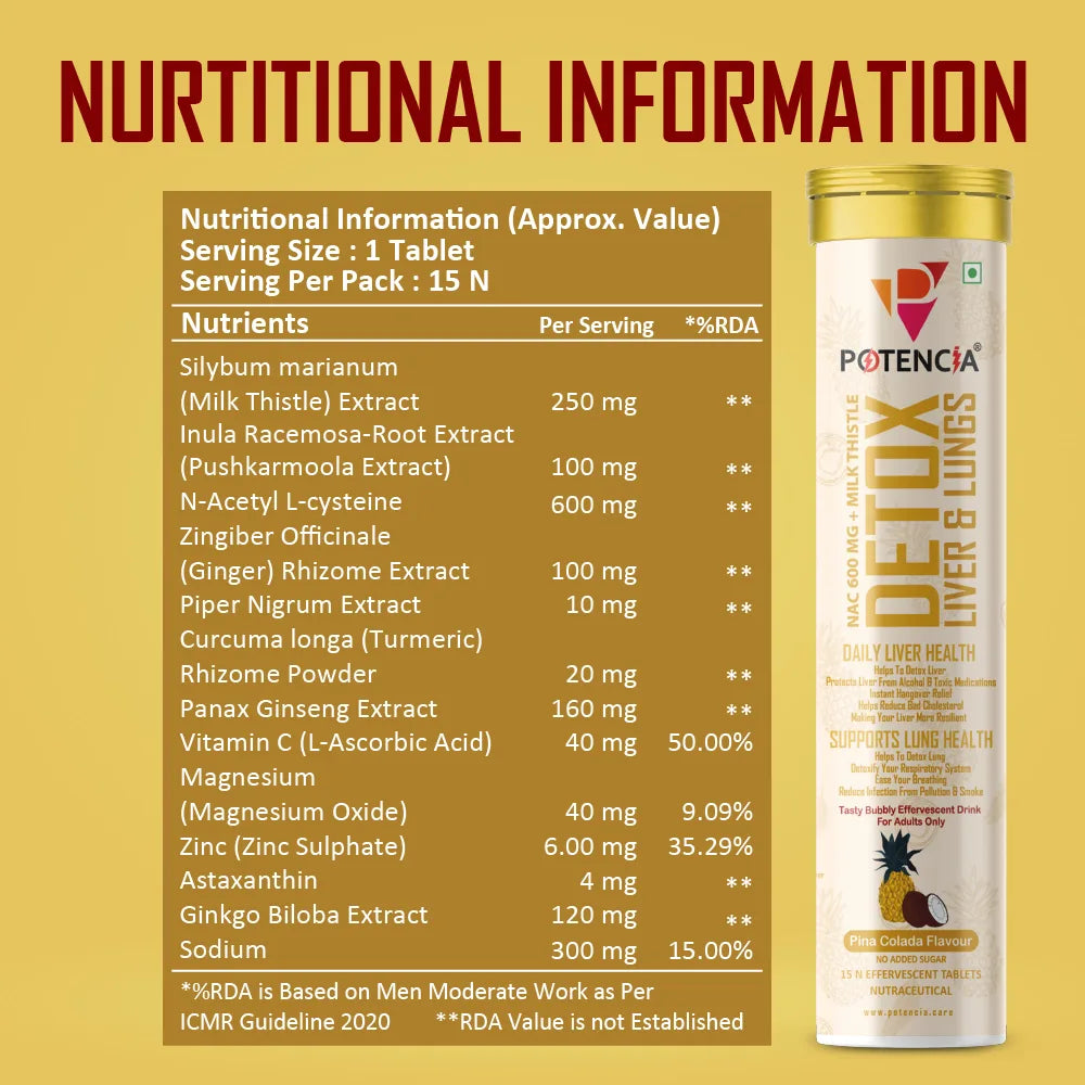 Potencia Liver & Lung Detox Effervescent Tablets | 10-in-1 Herbal Cleanse with Milk Thistle, NAC, Ginseng, Turmeric & Astaxanthin | Supports Liver Health, Lung Detox & Immunity | 15 Tabs/Bottle