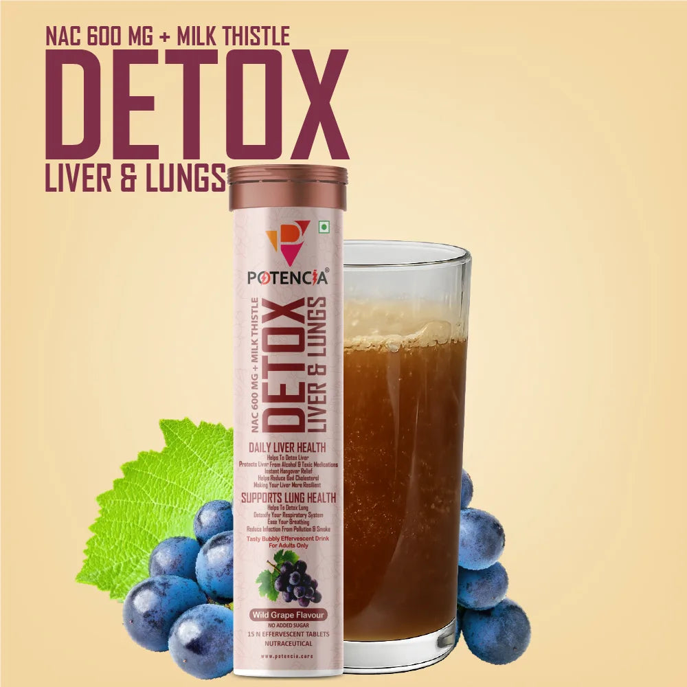 Potencia Liver & Lung Detox Effervescent Tablets | 10-in-1 Herbal Cleanse with Milk Thistle, NAC, Ginseng, Turmeric & Astaxanthin | Supports Liver Health, Lung Detox & Immunity | 15 Tabs/Bottle