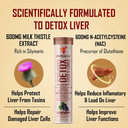 Potencia Liver & Lung Detox Effervescent Tablets | 10-in-1 Herbal Cleanse with Milk Thistle, NAC, Ginseng, Turmeric & Astaxanthin | Supports Liver Health, Lung Detox & Immunity | 15 Tabs/Bottle