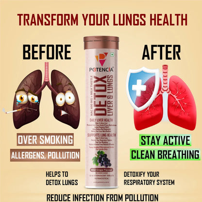 Potencia Liver & Lung Detox Effervescent Tablets | 10-in-1 Herbal Cleanse with Milk Thistle, NAC, Ginseng, Turmeric & Astaxanthin | Supports Liver Health, Lung Detox & Immunity | 15 Tabs/Bottle