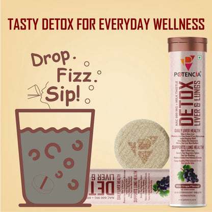 Potencia Liver & Lung Detox Effervescent Tablets | 10-in-1 Herbal Cleanse with Milk Thistle, NAC, Ginseng, Turmeric & Astaxanthin | Supports Liver Health, Lung Detox & Immunity | 15 Tabs/Bottle