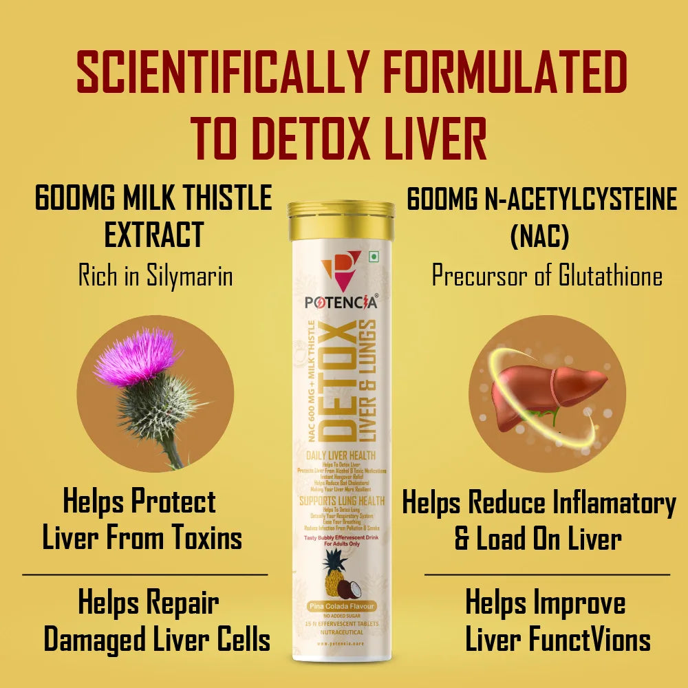 Potencia Liver & Lung Detox Effervescent Tablets | 10-in-1 Herbal Cleanse with Milk Thistle, NAC, Ginseng, Turmeric & Astaxanthin | Supports Liver Health, Lung Detox & Immunity | 15 Tabs/Bottle