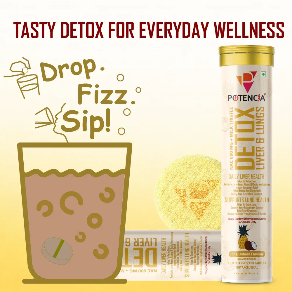 Potencia Liver & Lung Detox Effervescent Tablets | 10-in-1 Herbal Cleanse with Milk Thistle, NAC, Ginseng, Turmeric & Astaxanthin | Supports Liver Health, Lung Detox & Immunity | 15 Tabs/Bottle