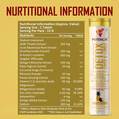 Potencia Liver & Lung Detox Effervescent Tablets | 10-in-1 Herbal Cleanse with Milk Thistle, NAC, Ginseng, Turmeric & Astaxanthin | Supports Liver Health, Lung Detox & Immunity | 15 Tabs/Bottle