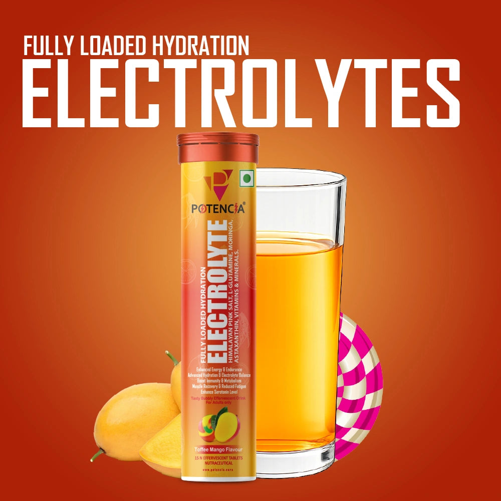 Pack of 3 Potencia Electrolyte Hydration Effervescent Tablets | Toffee Mango | With Glutamine, Moringa, Astaxanthin, Biotin & Himalayan Pink Salt | 45 Tabs/Bottle