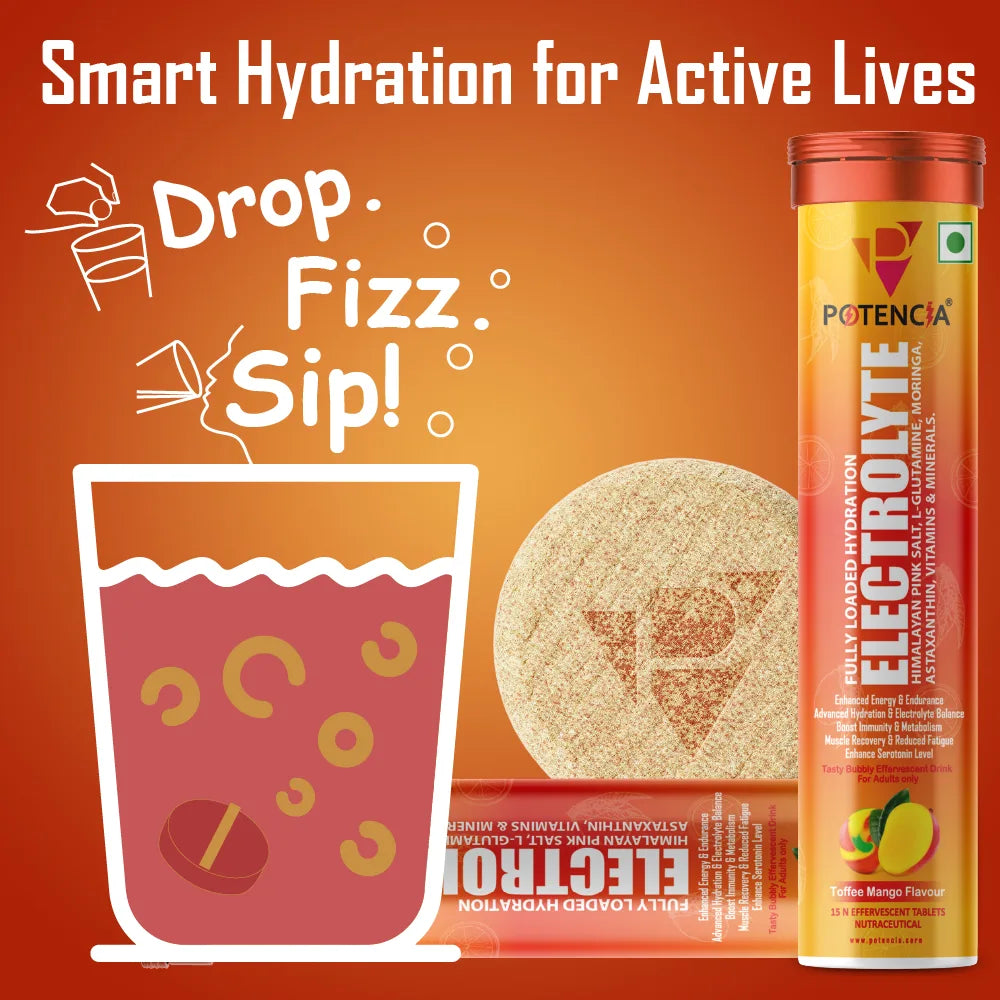 Pack of 3 Potencia Electrolyte Hydration Effervescent Tablets | Toffee Mango | With Glutamine, Moringa, Astaxanthin, Biotin & Himalayan Pink Salt | 45 Tabs/Bottle