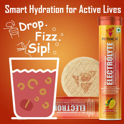 Pack of 3 Potencia Electrolyte Hydration Effervescent Tablets | Toffee Mango | With Glutamine, Moringa, Astaxanthin, Biotin & Himalayan Pink Salt | 45 Tabs/Bottle