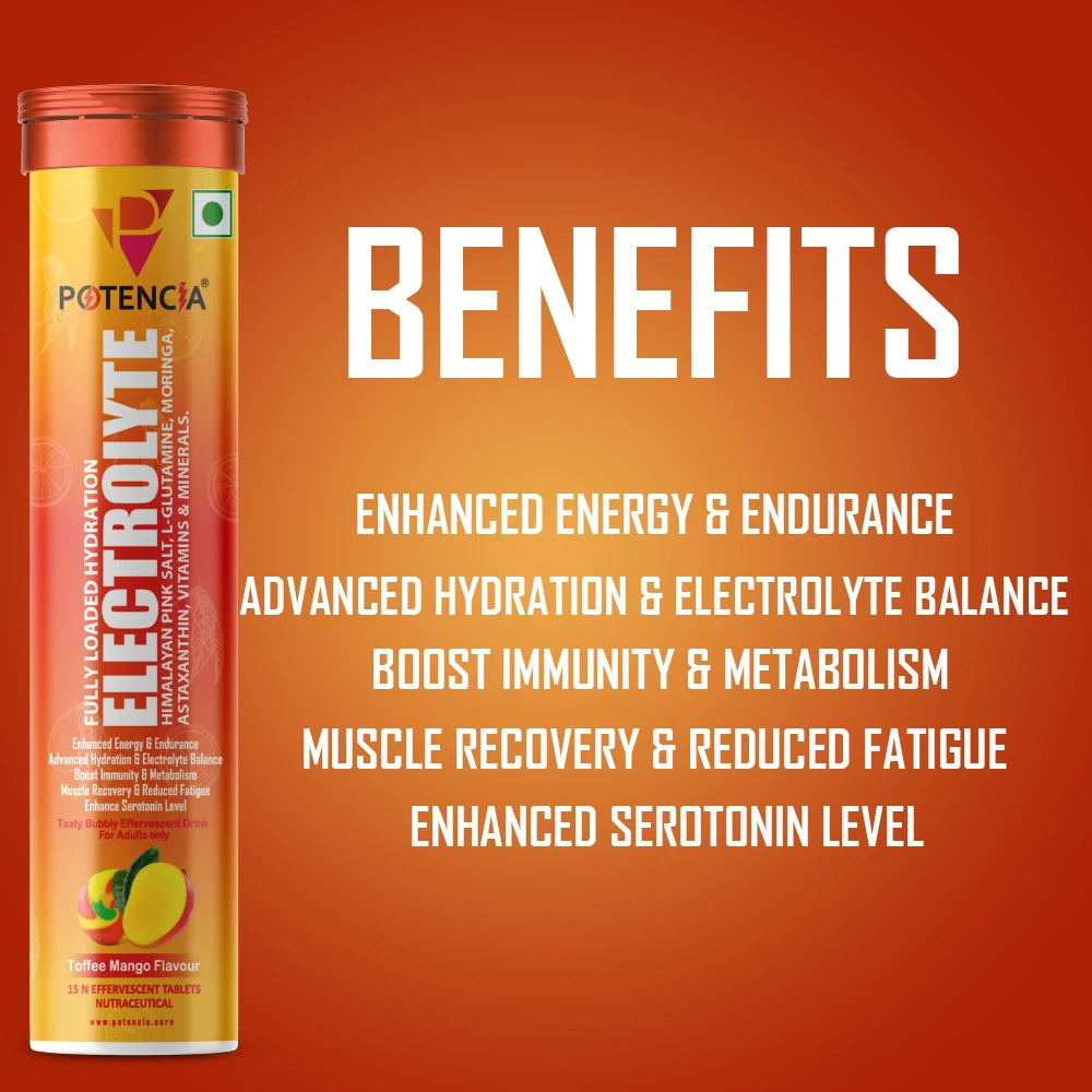 Pack of 3 Potencia Electrolyte Hydration Effervescent Tablets | Toffee Mango | With Glutamine, Moringa, Astaxanthin, Biotin & Himalayan Pink Salt | 45 Tabs/Bottle