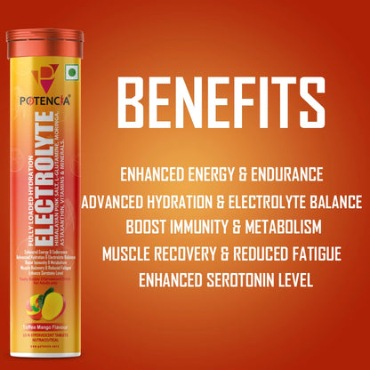 Pack of 3 Potencia Electrolyte Hydration Effervescent Tablets | Toffee Mango | With Glutamine, Moringa, Astaxanthin, Biotin & Himalayan Pink Salt | 45 Tabs/Bottle