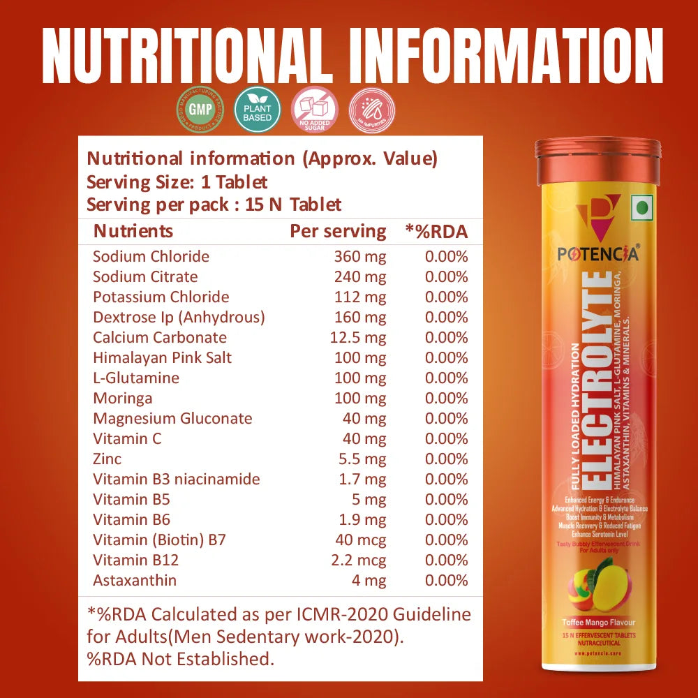 Pack of 3 Potencia Electrolyte Hydration Effervescent Tablets | Toffee Mango | With Glutamine, Moringa, Astaxanthin, Biotin & Himalayan Pink Salt | 45 Tabs/Bottle