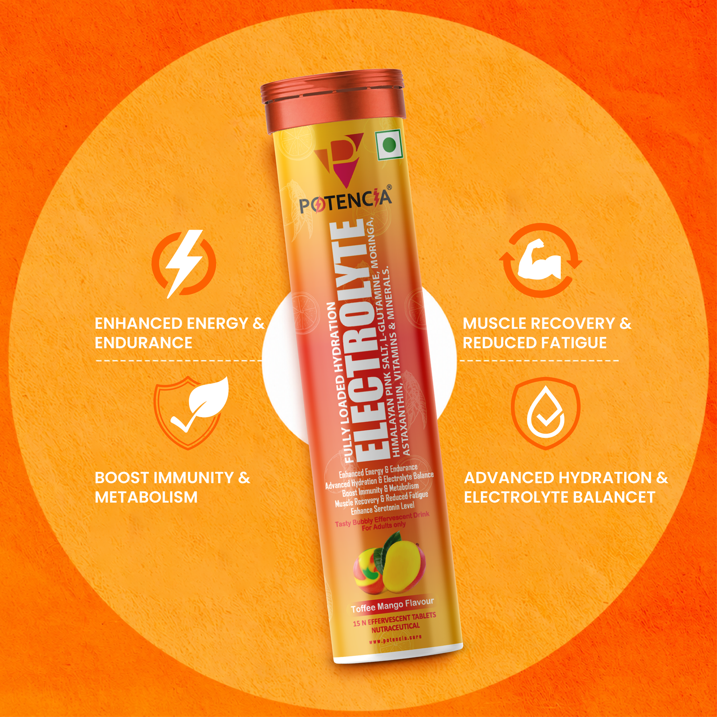 Pack of 3 Potencia Electrolyte Hydration Effervescent Tablets | Toffee Mango | With Glutamine, Moringa, Astaxanthin, Biotin & Himalayan Pink Salt | 45 Tabs/Bottle