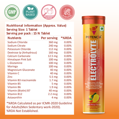 Pack of 6 Potencia Electrolyte Hydration Effervescent Tablets | Toffee Mango | With Glutamine, Moringa, Astaxanthin, Biotin & Himalayan Pink Salt | 90 Tabs/Bottle