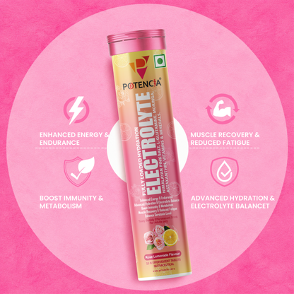 Pack of 6 Potencia Electrolyte Hydration Effervescent Tablets | Rose Lemonade | Glutamine, Moringa, Astaxanthin, Biotin & Himalayan Pink Salt | 90 Tabs/Bottle