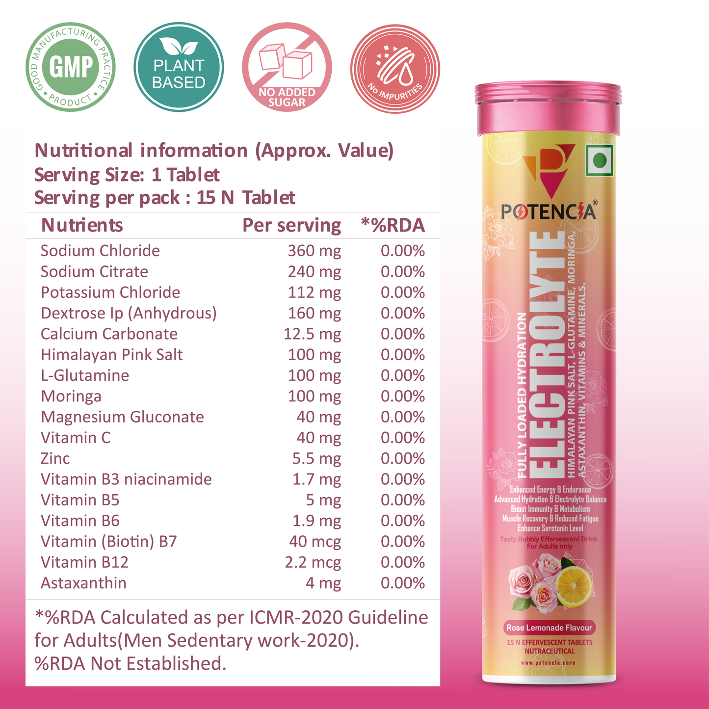 Pack of 6 Potencia Electrolyte Hydration Effervescent Tablets | Rose Lemonade | Glutamine, Moringa, Astaxanthin, Biotin & Himalayan Pink Salt | 90 Tabs/Bottle