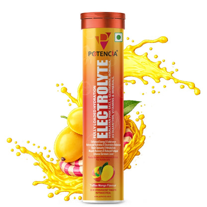 Potencia Electrolyte Hydration Effervescent Tablets | Toffee Mango | With Glutamine, Moringa, Astaxanthin, Biotin & Himalayan Pink Salt  | 15 Tabs/Bottle