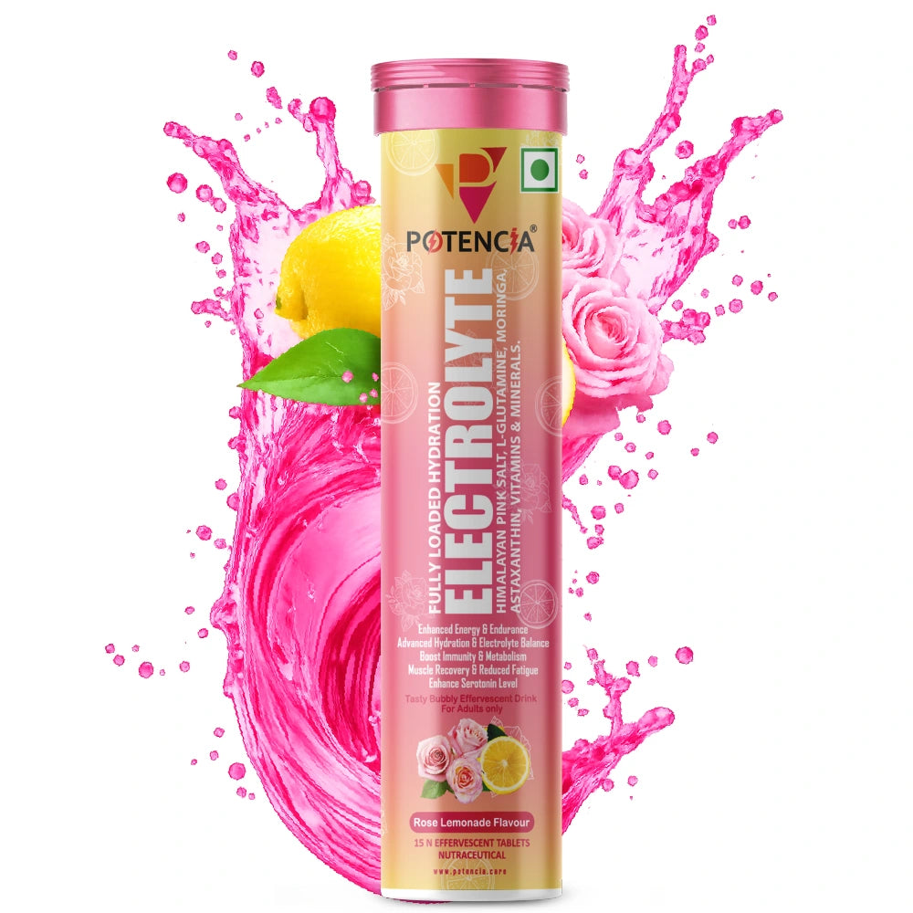Potencia Electrolyte Hydration Effervescent Tablets | Rose Lemonade | Glutamine, Moringa, Astaxanthin, Biotin & Himalayan Pink Salt |15 Tabs/Bottle