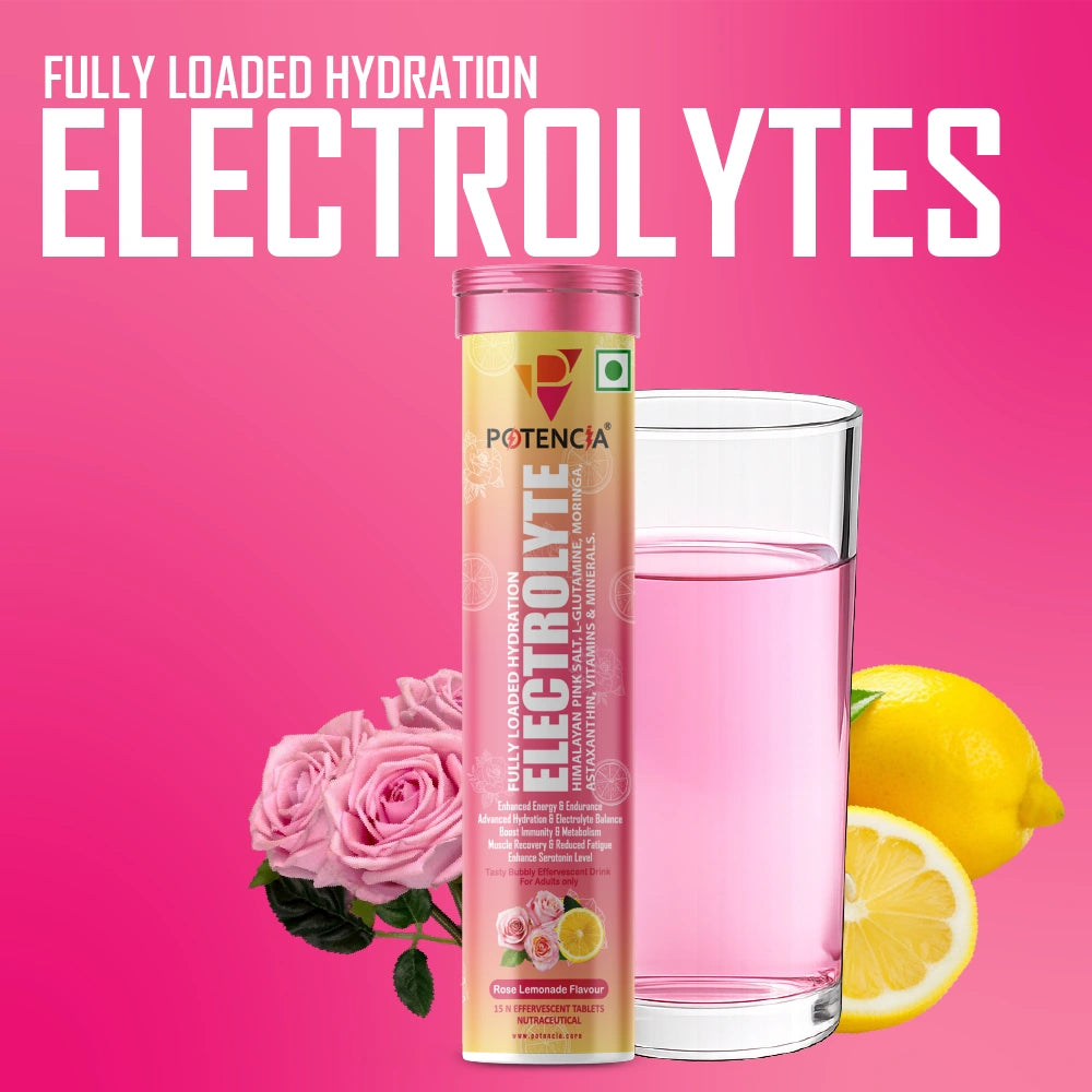 Potencia Electrolyte Hydration Effervescent Tablets | Rose Lemonade | Glutamine, Moringa, Astaxanthin, Biotin & Himalayan Pink Salt |15 Tabs/Bottle