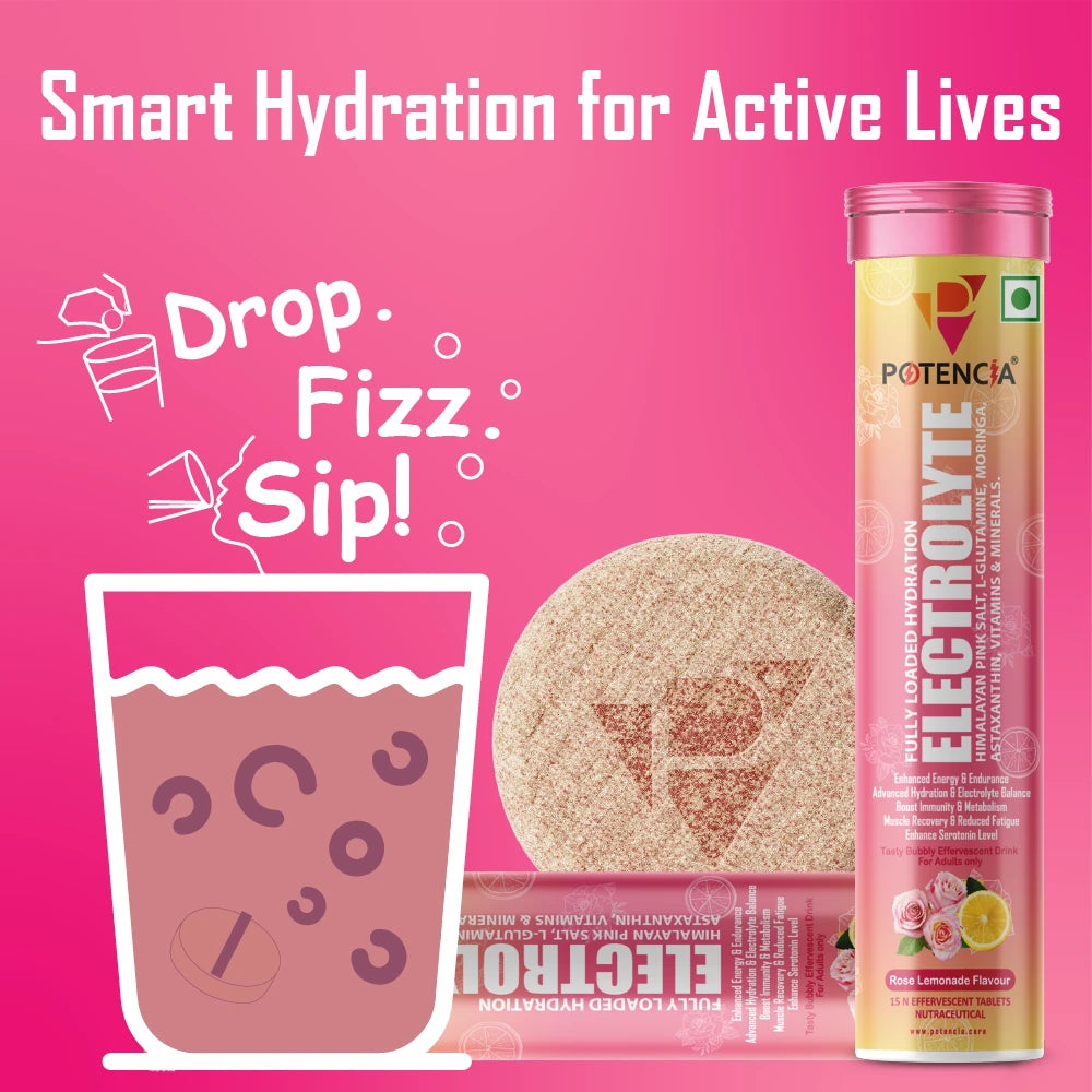 Potencia Electrolyte Hydration Effervescent Tablets | Rose Lemonade | Glutamine, Moringa, Astaxanthin, Biotin & Himalayan Pink Salt |15 Tabs/Bottle