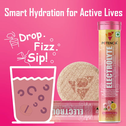 Potencia Electrolyte Hydration Effervescent Tablets | Rose Lemonade | Glutamine, Moringa, Astaxanthin, Biotin & Himalayan Pink Salt |15 Tabs/Bottle