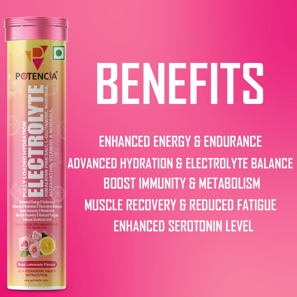 Potencia Electrolyte Hydration Effervescent Tablets | Rose Lemonade | Glutamine, Moringa, Astaxanthin, Biotin & Himalayan Pink Salt |15 Tabs/Bottle