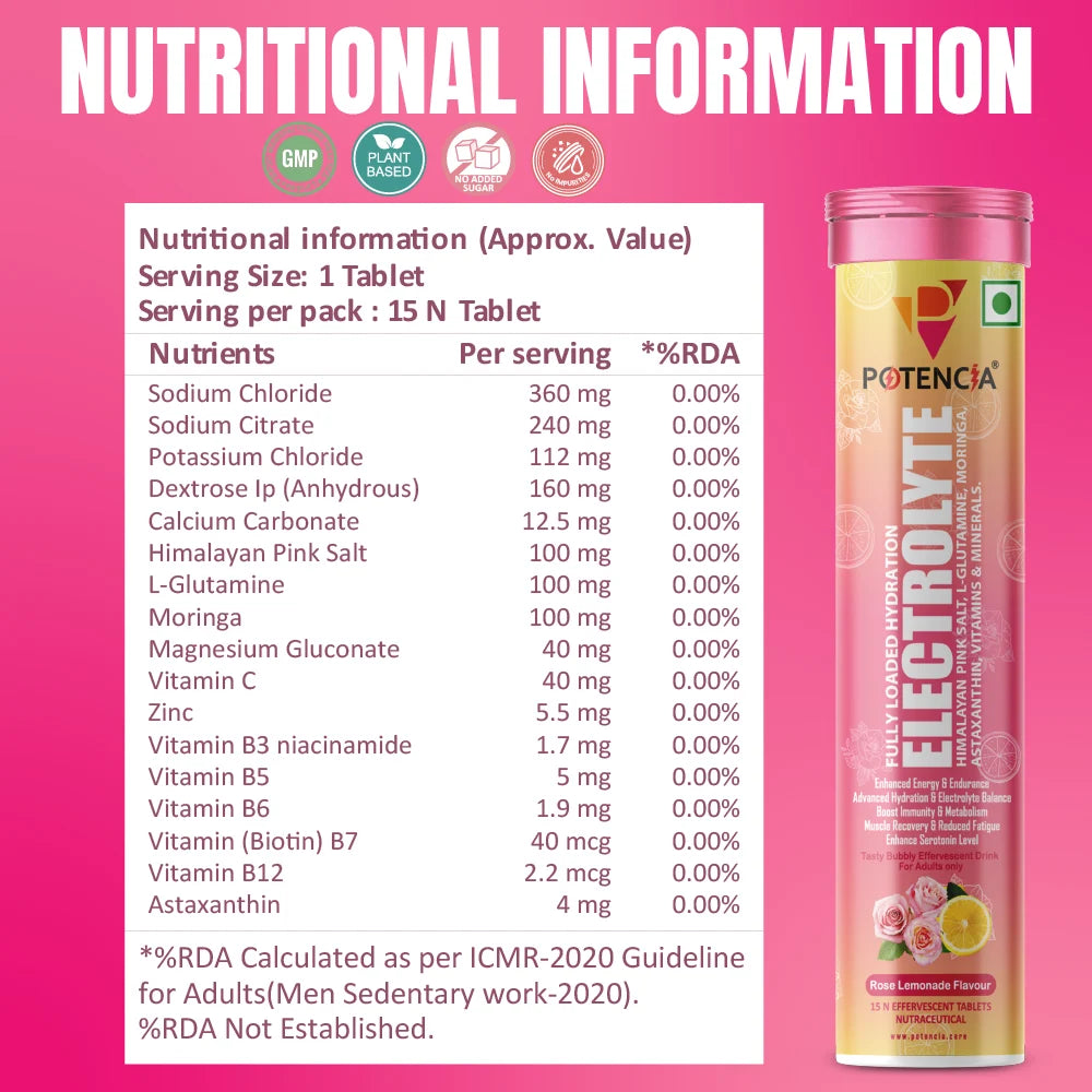 Potencia Electrolyte Hydration Effervescent Tablets | Rose Lemonade | Glutamine, Moringa, Astaxanthin, Biotin & Himalayan Pink Salt |15 Tabs/Bottle