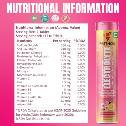 Potencia Electrolyte Hydration Effervescent Tablets | Rose Lemonade | Glutamine, Moringa, Astaxanthin, Biotin & Himalayan Pink Salt |15 Tabs/Bottle