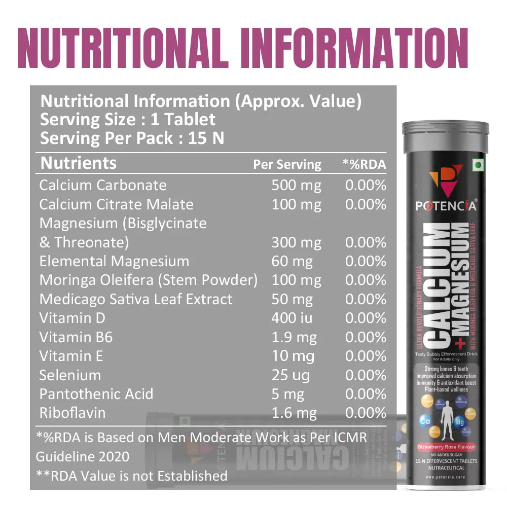 Pack of 3 Potencia Calcium + Magnesium Effervescent Tablets | Dual Magnesium & Dual Calcium | With Moringa, Medicago & Sativa | 45 Tabs/Bottle