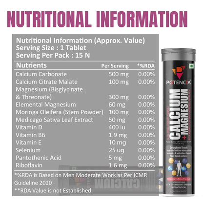 Pack of 3 Potencia Calcium + Magnesium Effervescent Tablets | Dual Magnesium & Dual Calcium | With Moringa, Medicago & Sativa | 45 Tabs/Bottle