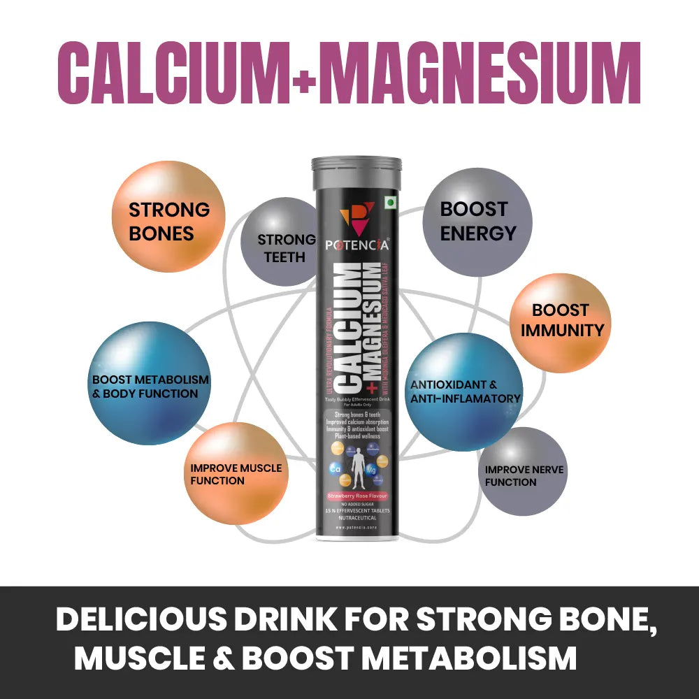 Pack of 3 Potencia Calcium + Magnesium Effervescent Tablets | Dual Magnesium & Dual Calcium | With Moringa, Medicago & Sativa | 45 Tabs/Bottle