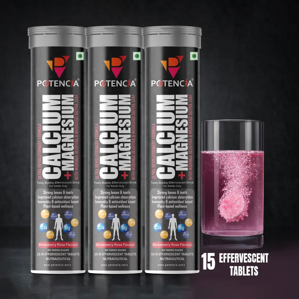 Pack of 3 Potencia Calcium + Magnesium Effervescent Tablets | Dual Magnesium & Dual Calcium | With Moringa, Medicago & Sativa | 45 Tabs/Bottle