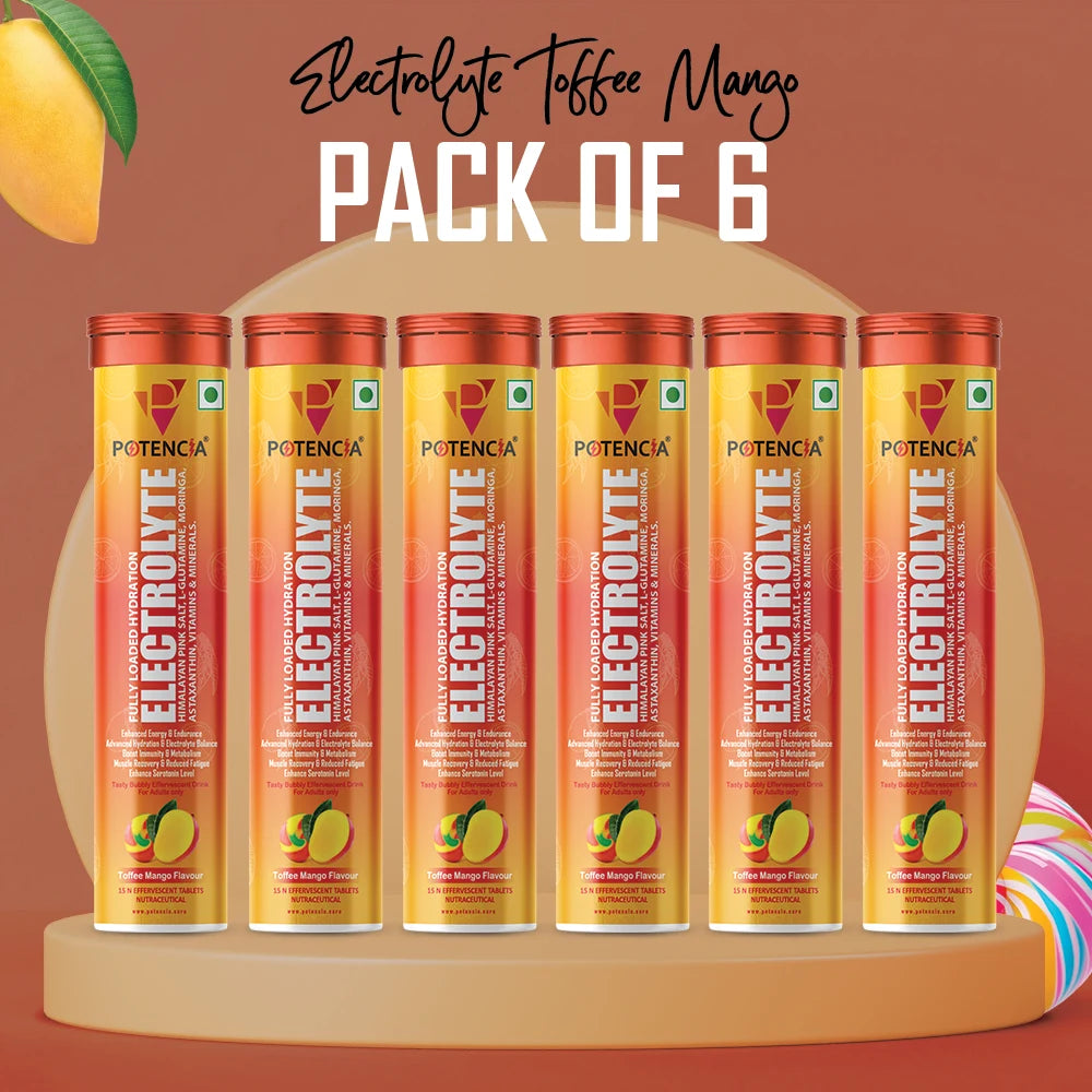 Pack of 6 Potencia Electrolyte Hydration Effervescent Tablets | Toffee Mango | With Glutamine, Moringa, Astaxanthin, Biotin & Himalayan Pink Salt | 90 Tabs/Bottle