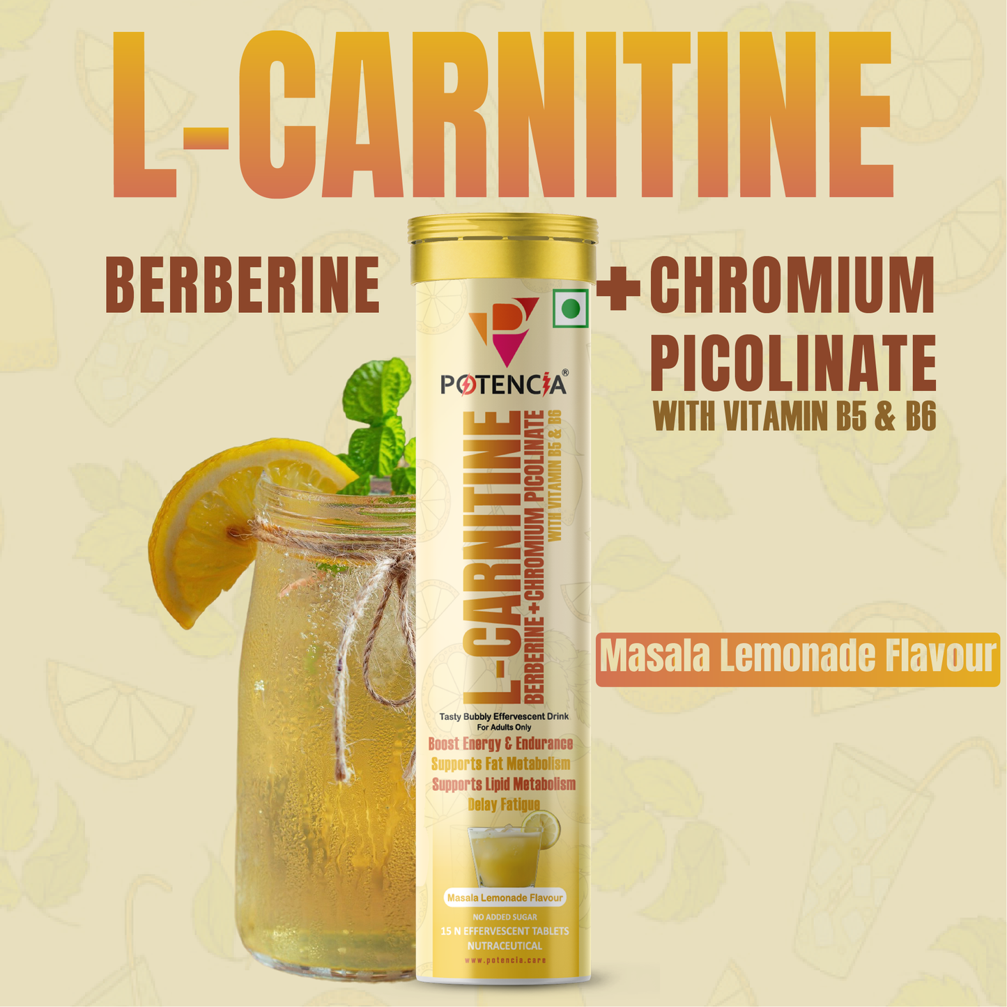 Potencia L-Carnitine Effervescent Tablets with Berberine, Chromium Picolinate, Vitamin B5 & B6 | Energy & Fat Metabolism