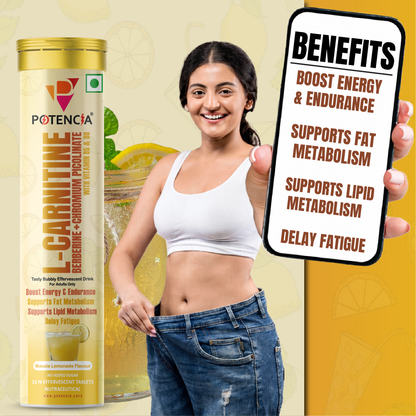 Potencia L-Carnitine Effervescent Tablets with Berberine, Chromium Picolinate, Vitamin B5 & B6 | Energy & Fat Metabolism