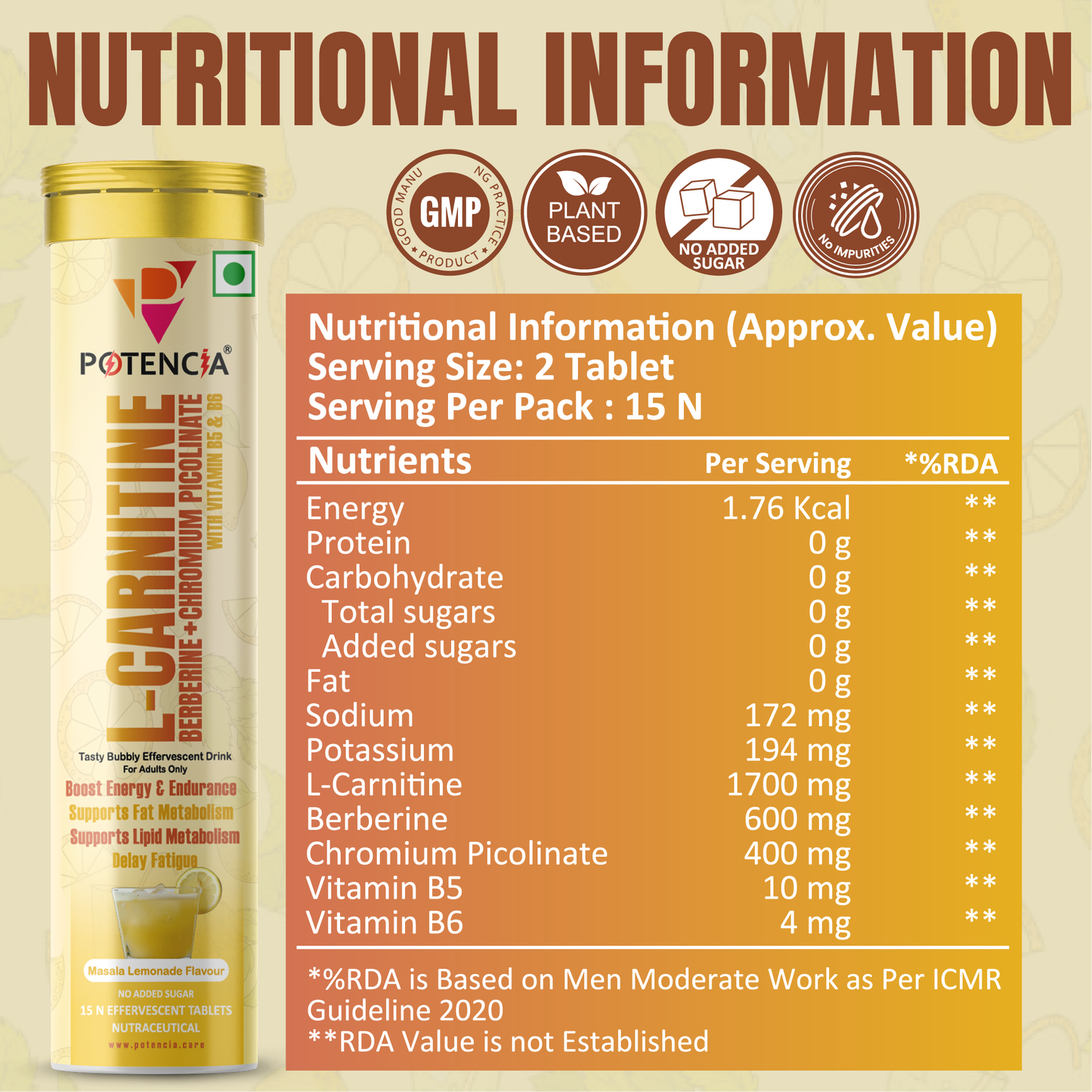 Potencia L-Carnitine Effervescent Tablets with Berberine, Chromium Picolinate, Vitamin B5 & B6 | Energy & Fat Metabolism