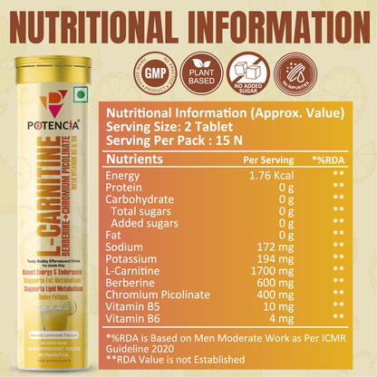 Potencia L-Carnitine Effervescent Tablets with Berberine, Chromium Picolinate, Vitamin B5 & B6 | Energy & Fat Metabolism