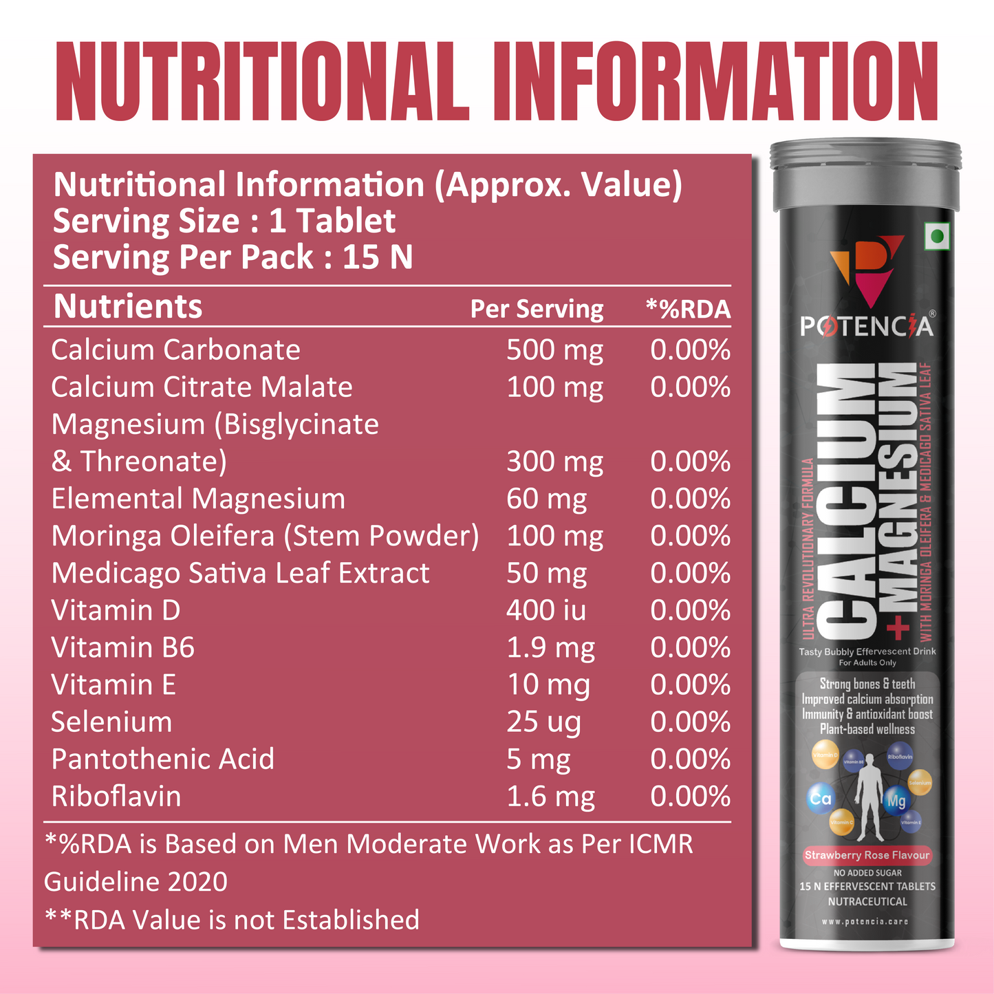 Potencia Calcium + Magnesium Effervescent Tablets | Dual Magnesium & Dual Calcium | With Moringa, Medicago & Sativa | 15 Tabs/Bottle