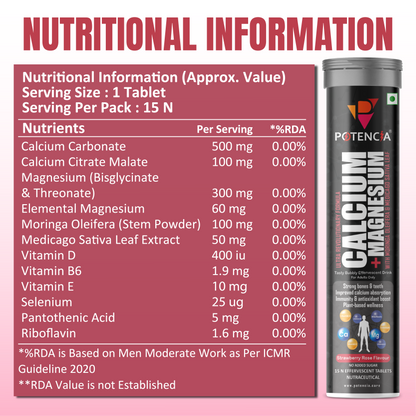 Potencia Calcium + Magnesium Effervescent Tablets | Dual Magnesium & Dual Calcium | With Moringa, Medicago & Sativa | 15 Tabs/Bottle